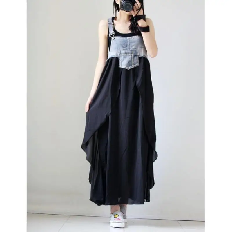 2019 New Women Denim Dress Sundress Casual Loose Overalls Dresses Female Solid Adjustable Strap Jeans Dress Plus Size