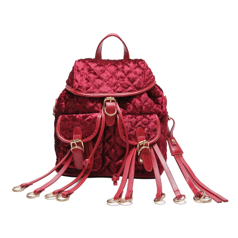 Women Winter Velvet Backpack for Teenage Girls Fashion Simple Book Bag New Backpacks Red Blue Black Casual Tassels School | Багаж и сумки