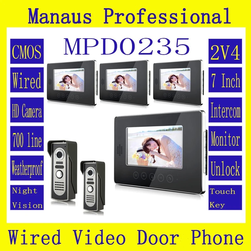 High Quality 7 inch Screen Keypad Display Video Intercom System D235b Wired Magnetic Lock Two to Four Video Doorphone Device Kit Wholesale Security & Protection