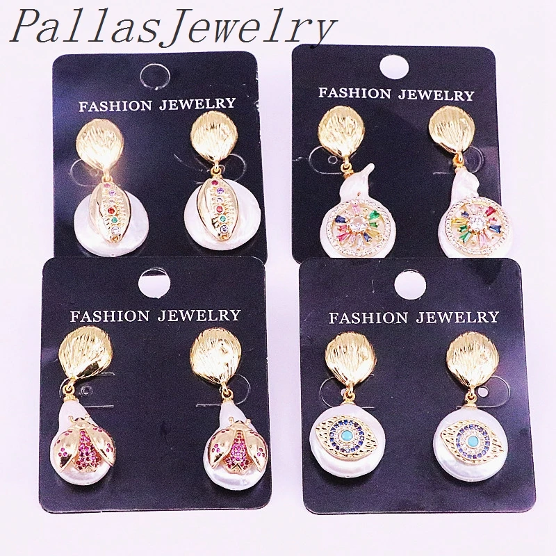 

4Pairs Nature Freshwater Pearl with CZ micro Pave Round Charms Dangle Earrings,For Women