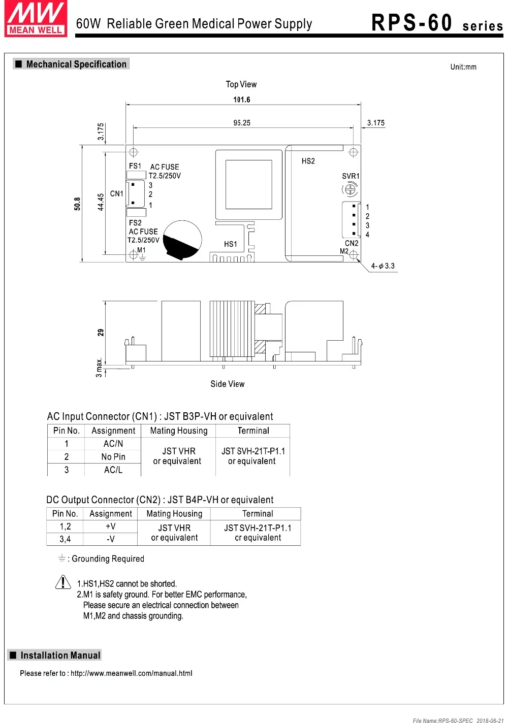 Meanwell RPS-60 AC/DC одиночный выход зеленый PCB тип медицинский источник питания 60W 3,3 V/10A 5 V/10A 12 V/5A 15 V/4A 24 V/2.5A 48 V/1.25A