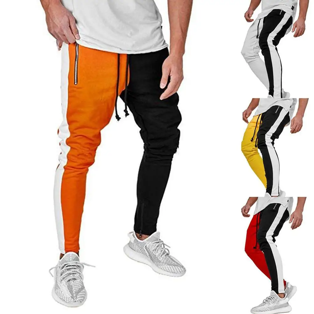 

2019 Cotton Mens Long Color Block Street Patchwork Elastic hip pop Casual Pencil Pant Sweatpants Trousers Jogger Pants