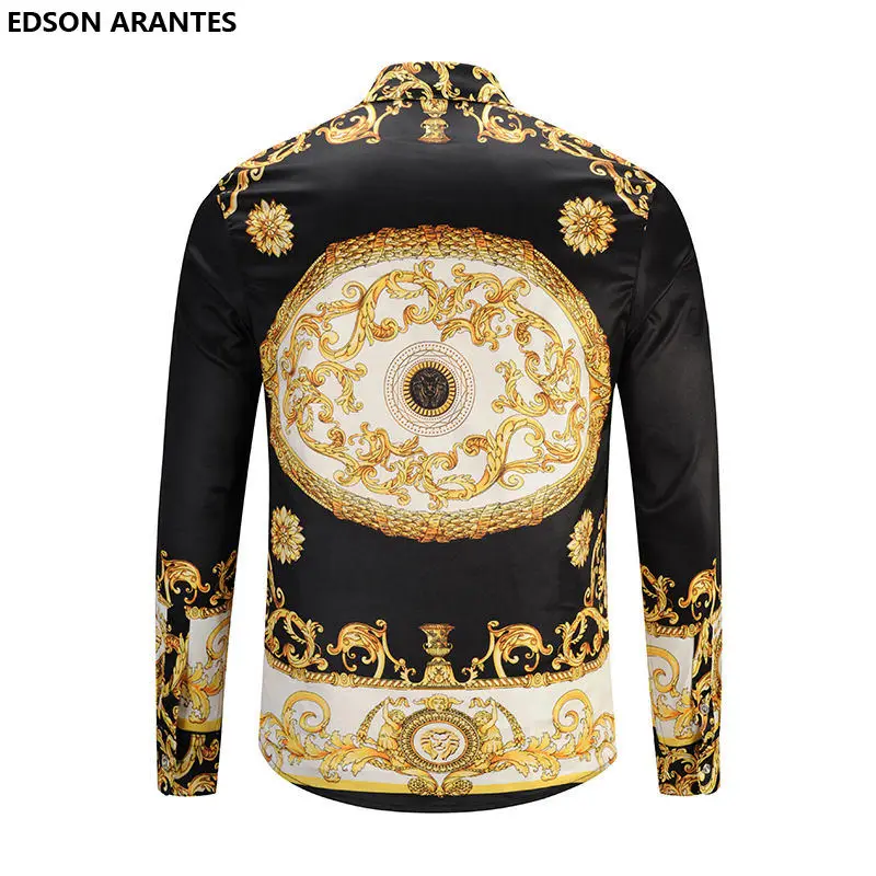 EDSON ARANTES Fashion Male Shirt Vintage Baroque Palace Gold Flower Shirt Long Sleeve Korean Casual Slim Fit Luxury Men Shirts (2)