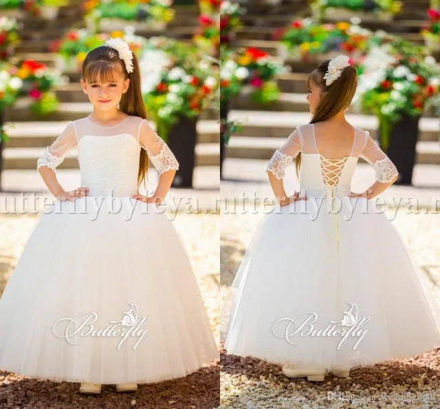 Arabic 2017 Long Ball Gown Pearls Embellished Top Pliques Kids Arabic 2017 Long Ball Gown Pearls Embellished Top Pliques Kids Lace Flower Dresses Tulle Half