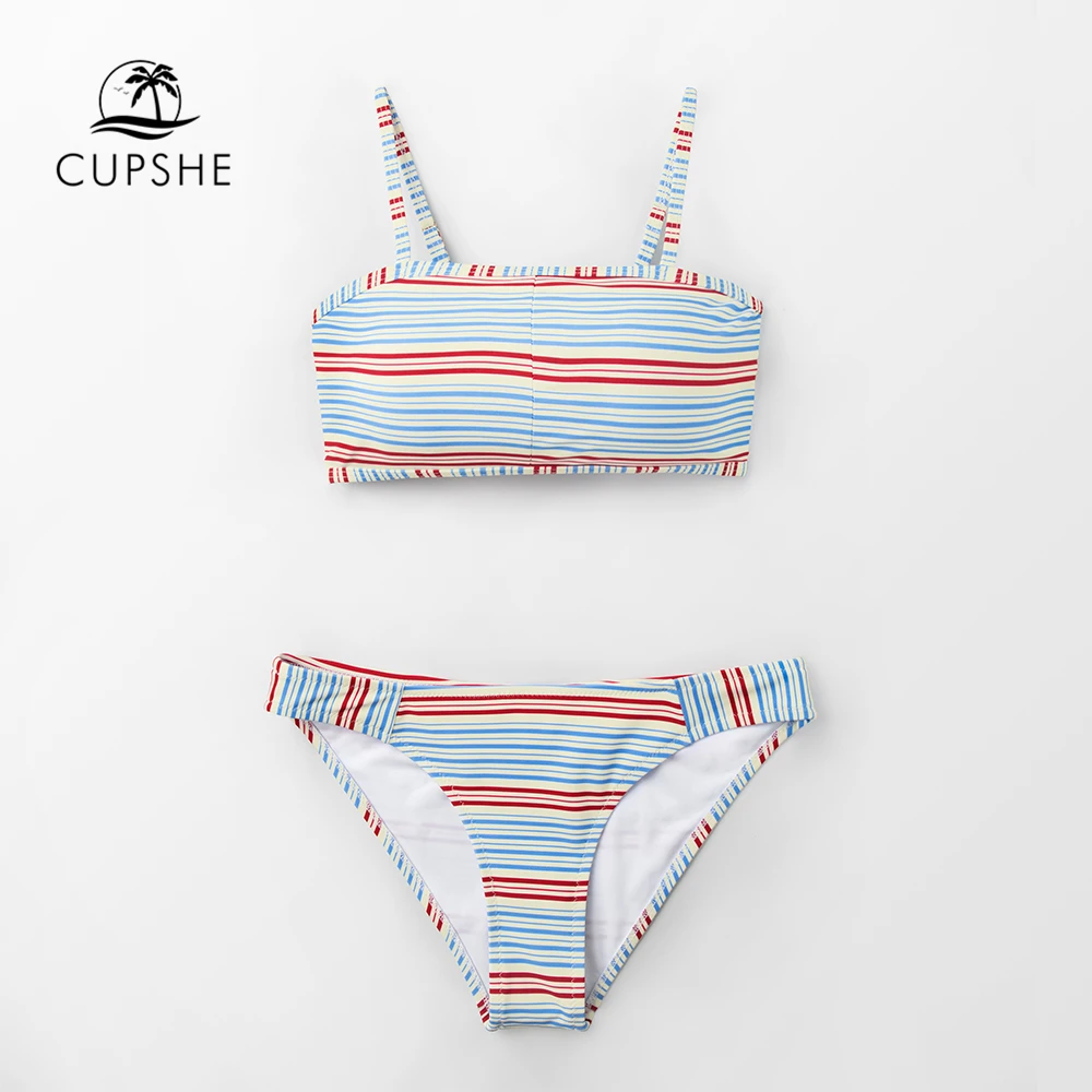 CUPSHE красный синий и бежевый полосатый бандо женские комплекты бикини