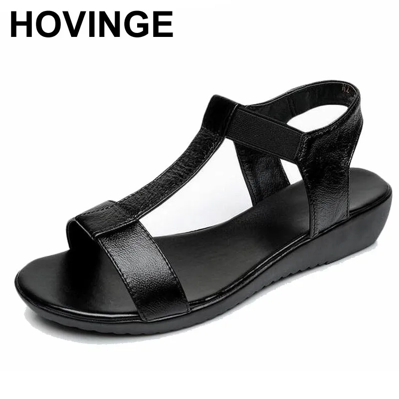 HOVINGE Genuine Leather Sandals Women Flat Heel Sandals Fashion Summer