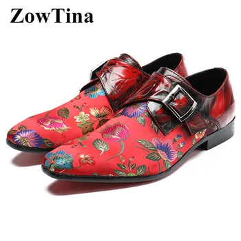 

Red Print Genuine Leather Men Wedding Shoes Vintage Design Formal Business Shoes Man Buckle Decoration Sapato Masculino Flats