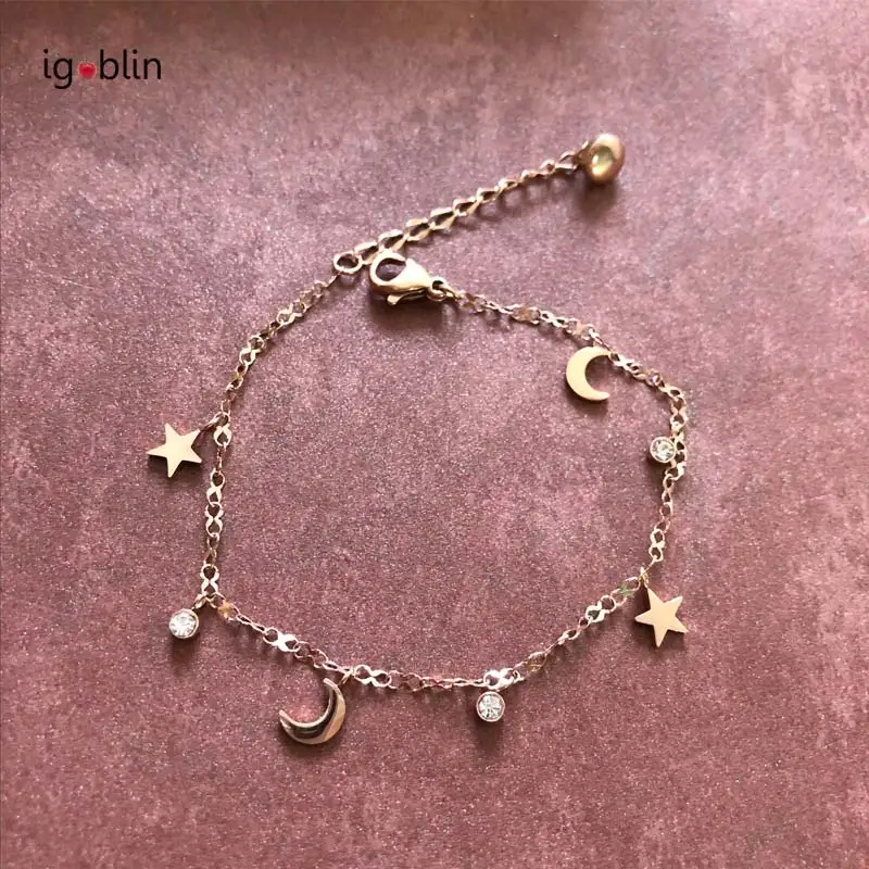 

with Gift Box Stainless Steel Plated Rose Gold Color Jewelry Beautiful Moon Star Single Drill Pendant Titanium Bracelet C012