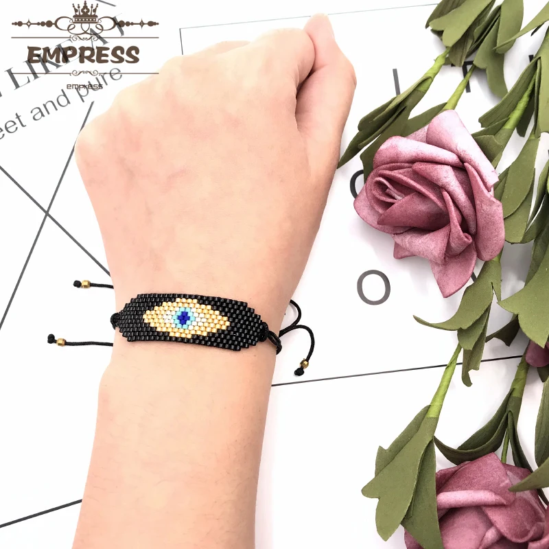 

New Fashion Woman Ethnic Turkey Black Big Evil Eyes Handmade Imported Miyuki Glass Bead Boho Jewelry Rope Adjustable Bracelet