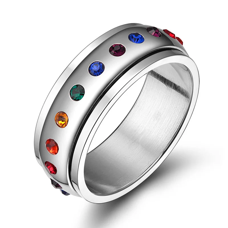 

Trendy Rainbow Crystal Stone Gay Pride Ring for Women Men Spinner Ring Stainless Steel Wedding Ring Female Party Jewelry