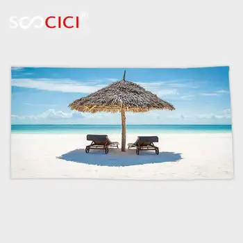 

Custom Microfiber Ultra Soft Bath/hand Towel,Seaside Decor Wooden Sun Loungers Facing the Indian Ocean under A Thatched Umbrella