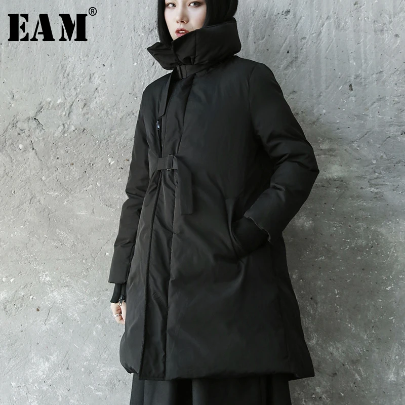 

[EAM] 2019 Spring Winter Woman Stylish New Black Color Long Sleeve Turtleneck Pockets Adjustable Waist Cotton-padded Coat LE877