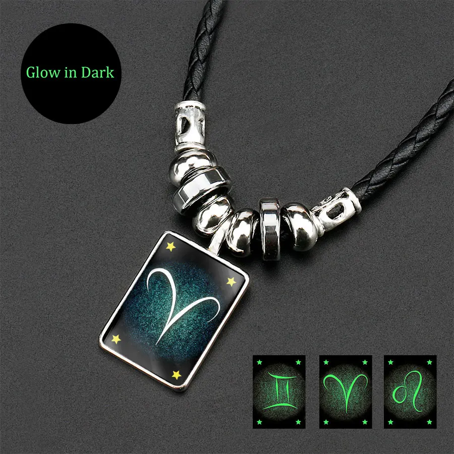 

NingXiang New Arrival Glow In The Dark Twelve Signs Of Zodiacal Constellations Pendant Necklace For Men Black Rope Chain Glowing