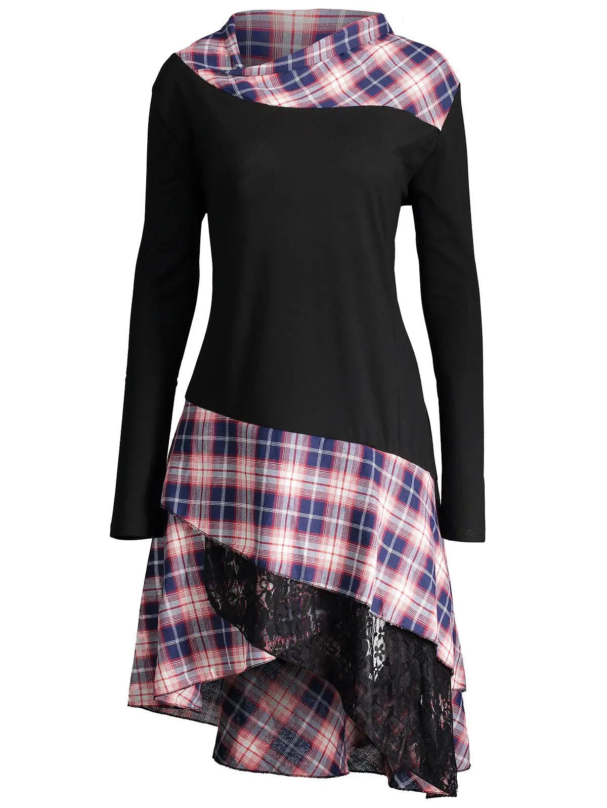 

Wipalo Long Plus Size Lace Plaid Panel Top Tshirt Women 2017 Autumn Tops Fashion Loose Long Sleeve 5XL Large Size T Shirts