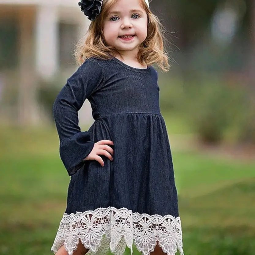 

TELOTUNY 2018 kids girl dress long sleeve Toddler Infant Baby Girls Denim Flare Sleeve Dress Lace Splice Sundress Clothes J30
