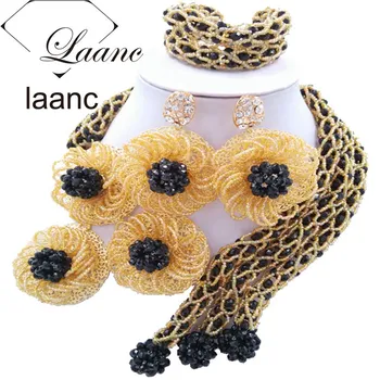 

Laanc African Beads Black Gold Jewelry Set for Women Costume Nigerian Wedding Beads Flower Necklace and Earrings FBFE005