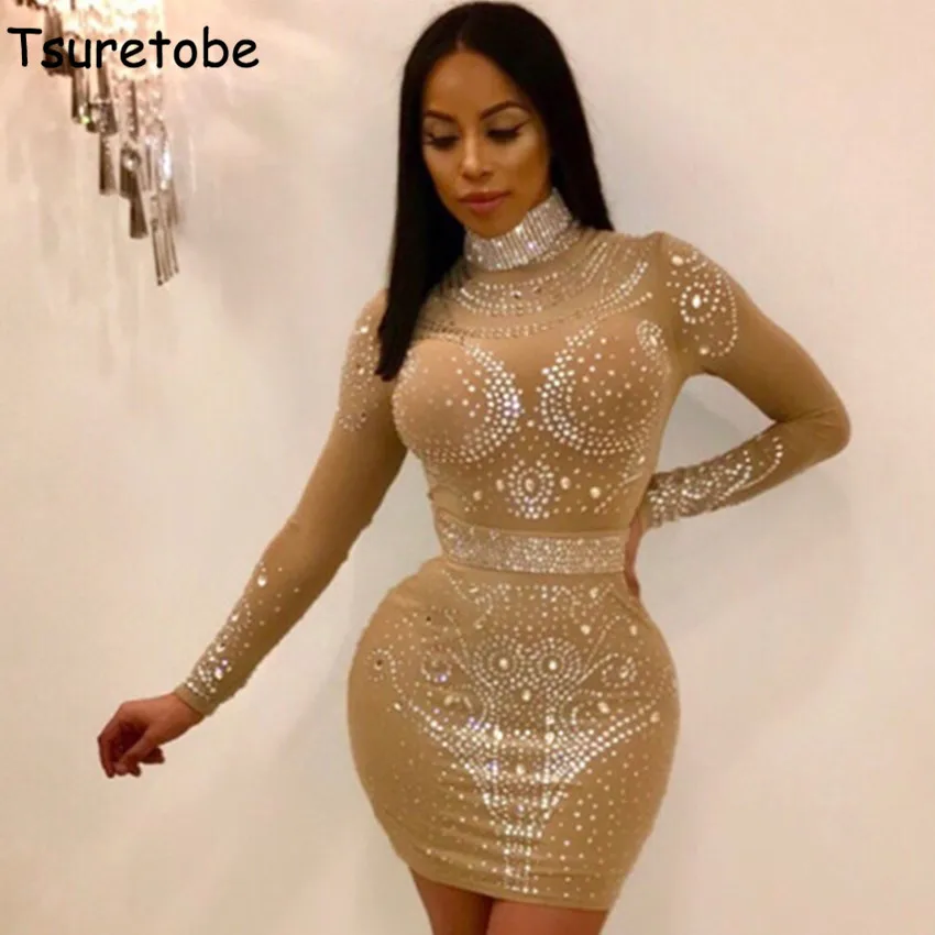 

Tsuretobe Spring New Diamonds Bodycon Mini Dress Sexy Party Club Sparkle Dress Stand Collar Long Sleeve Pencil Mesh Dress