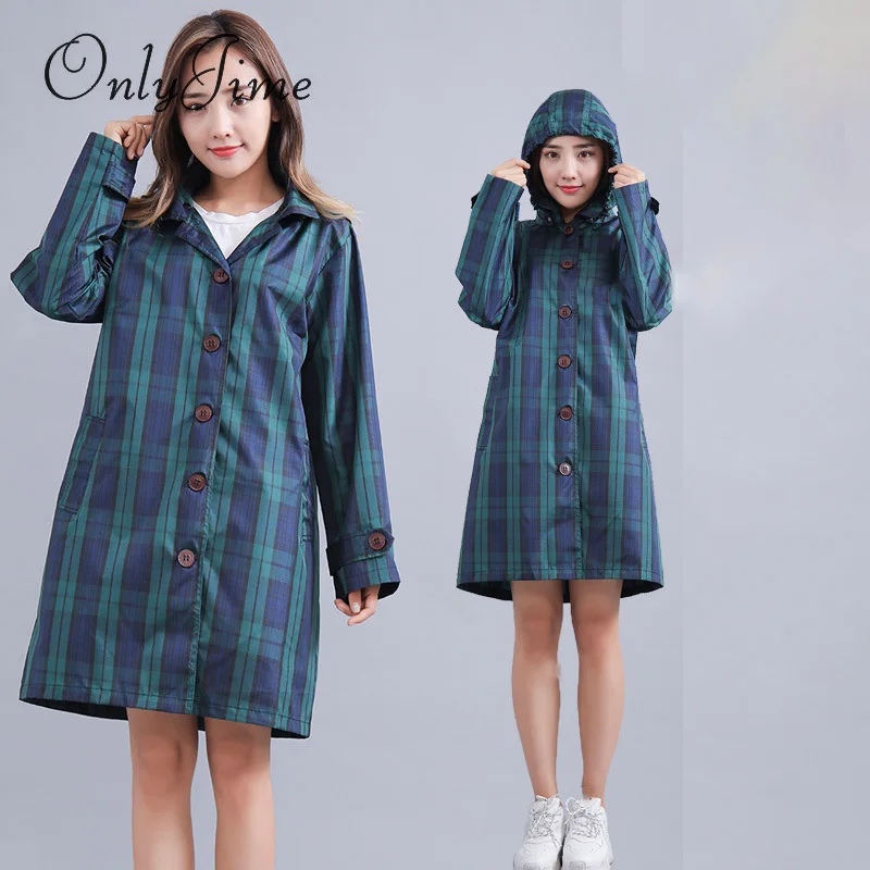 

Only Jime Japanese Raincoat Woman For Rain Grid Pattern Raincoat Women Blue Female Raincoat Travel Long Raincoat For Women