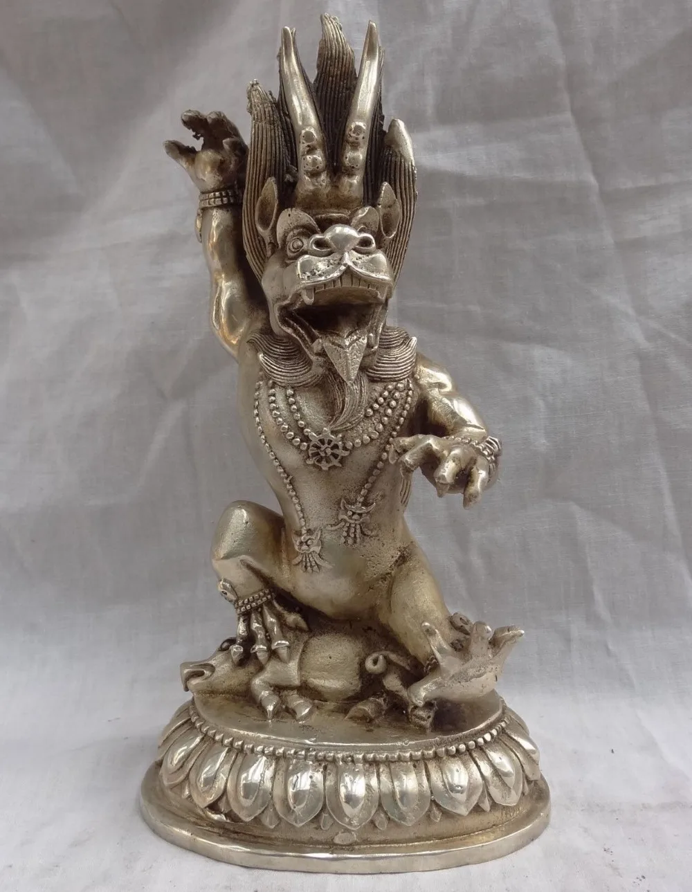 

shitou 001437 9" Tibet Buddhist Tibetan Silver Sculpture Fly Dragon King Buddha Brass Statue