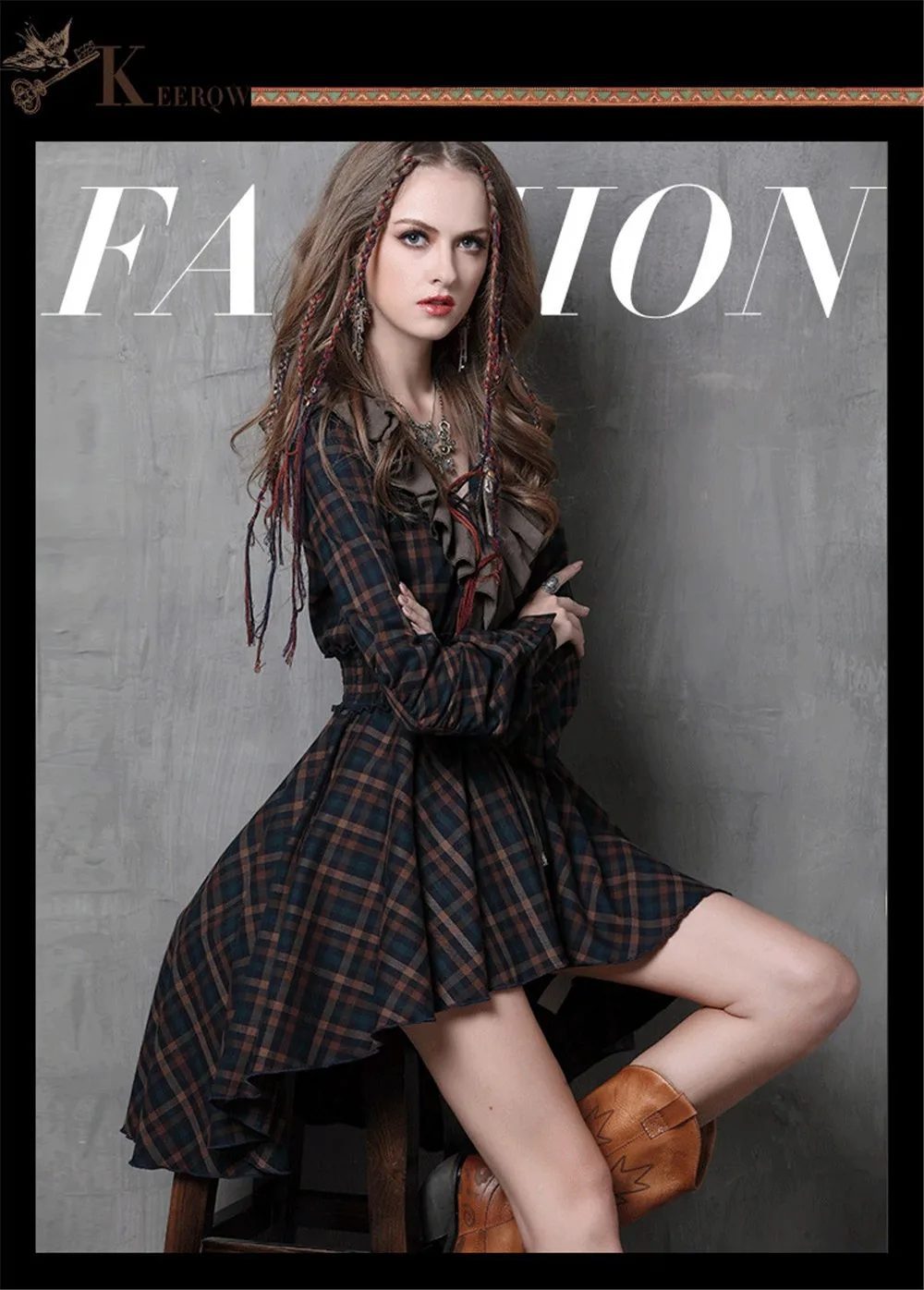 Vintage Autumn Elegant Plaid Women Dress Tunic 90% Cotton Dress Women Long Sleeve Ruffles Vestidos Femininos Vintage Dresses