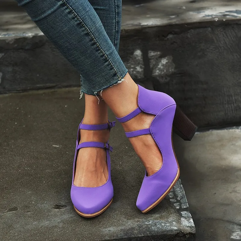 EOEODOIT/Новинка; сезон лето-осень; кожаные туфли на каблуке; женские туфли-лодочки на высоком квадратном каблуке с острым носком и двойной пряжкой размера плюс; женские туфли-лодочки из джинсовой ткани - Цвет: purple