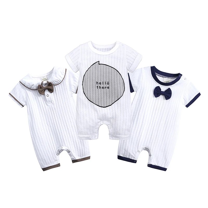 

2019 newborn baby clothes white Cotton short sleeve turn-down collar letter print romper with tie for 0-18M BABY BOY 3pcs/pack