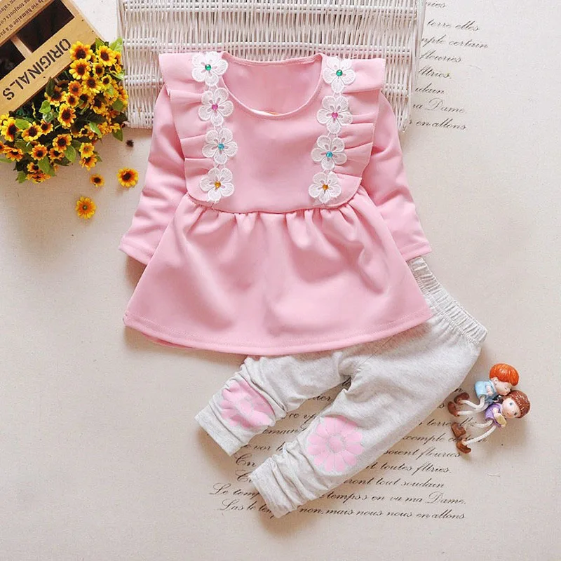 Conjunto roupas de bebe/осенние костюмы из 2 предметов для девочек кружевные штаны+ футболка с длинными рукавами и круглым вырезом с цветочным принтом вечерние комплекты для маленьких принцесс - Цвет: Розовый