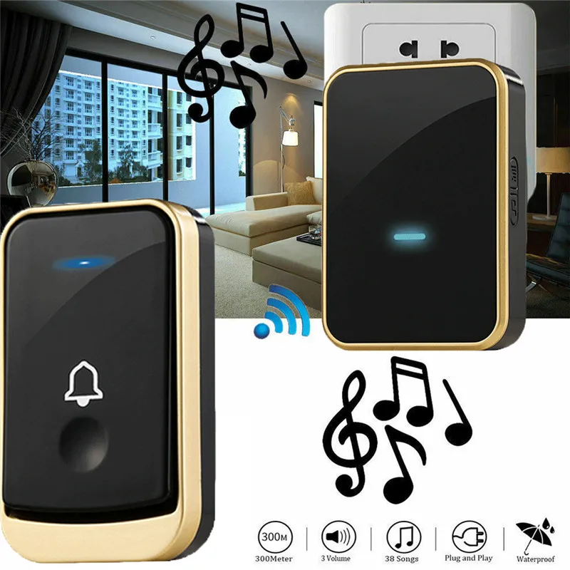 

300M Remote Waterproof LED Wireless Doorbell 45 Songs Chime Door Bell US UK Access Control Kits