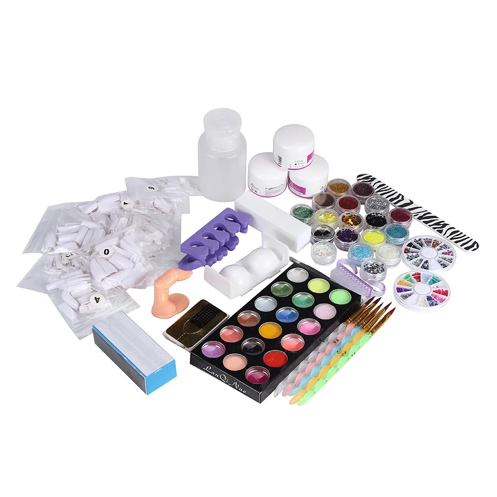 

21 pcs Acrylic Nail Art Tips Powder Liquid Brush Glitter Clipper Primer File Set Kit acryl nagels starters set kit uv nail