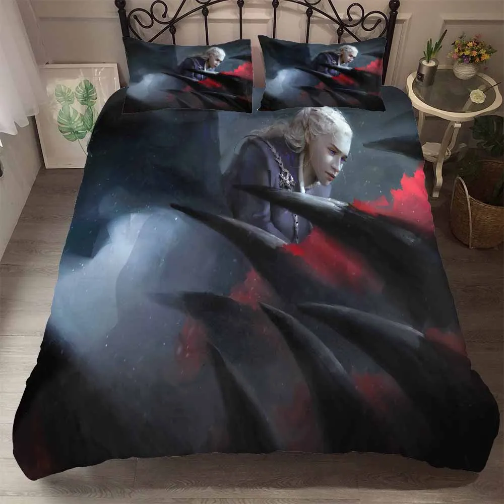 

3 Pieces Game of Thrones Bedding Set 3D Printed Daenerys Targaryen Driving Dragon Printed Red/Black/Purple Boys Duvet Cover Set