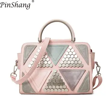

PinShang Women Handbag Fashionable Shoulder Bag Large Tote Rivet Color Blocks Handbag Bags for Women 2018 Handbag Women ZK50