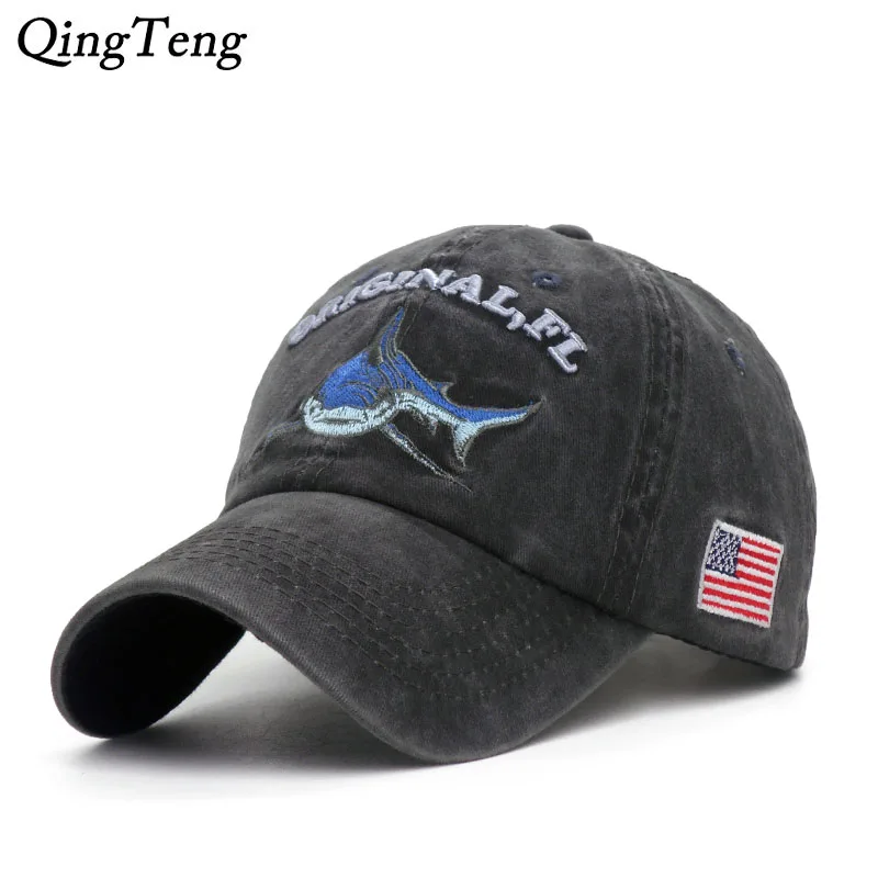 Винтажная Потертая джинсовая кепка бейсболки Snapback с вышитой акулой Мужская