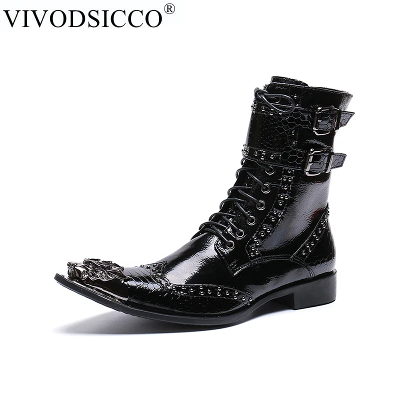 VIVODSICCO модные мужские ботинки пояса из натуральной кожи с металлическим носком мужские ботинки на плоской подошве до середины икры