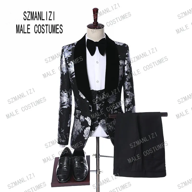 Black Velvet Lapel Mens Suits Red Groomsmen 3 Pieces Tuxedos Costume Slim fit Formal Prom Party Men Wedding Groom Suits - Цвет: as picture