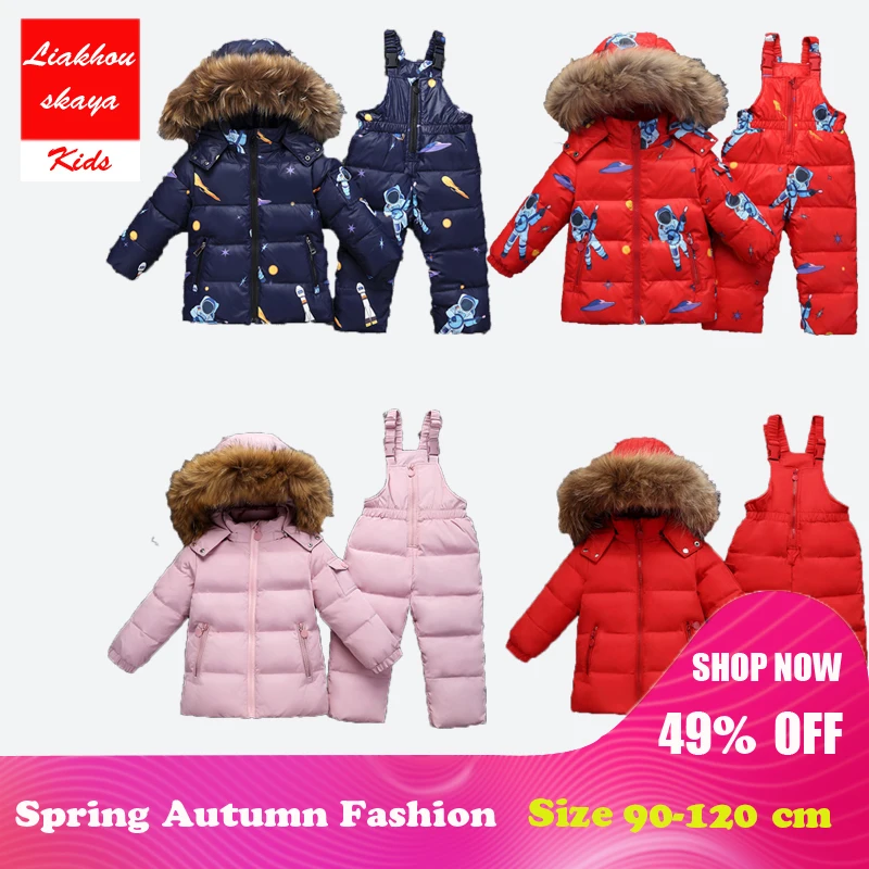 

2018 Russia Winter Warm Baby Girl's Clothing Sets Jackets+Trousers/Jumpsuit Girl Ski Suits Children's Outdoor Clothes Fur Down