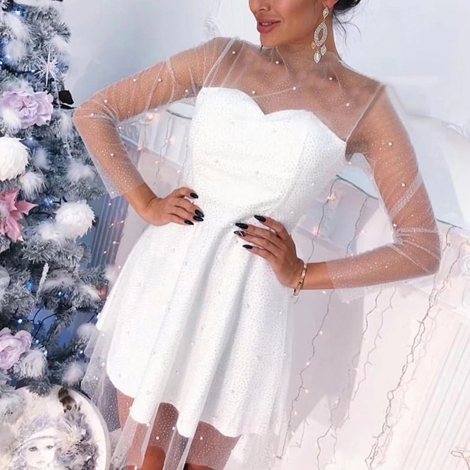 Preise 2019 sommer Neue Elegante frauen Perlen Mini Kleid Sexy Weiß Schwarz Langarm Spitze A linie Kleid Promi Party Kleid vestidos