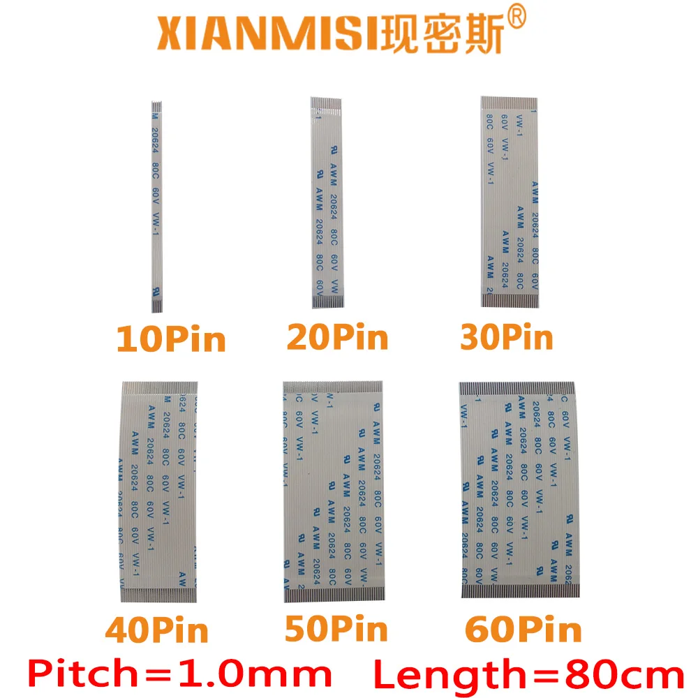 

FFC/FPC Flat Flex Extension Cable 10Pin 20Pin 30Pin 40Pin Same Side 1.0mm Pitch AWM VW-1 20624 20798 60V Length 80cm 5PCS