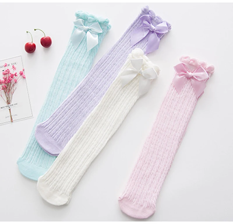 Хлопковые носки для маленьких девочек детские повседневные полосатая сетка-гольфы принцессы с бантом для девочек от 1 до 4 лет
