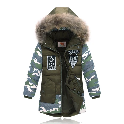 Зимняя куртка для мальчика, пуховик с капюшоном и натуральным мехом От 2 до 10 лет детей, Повседневная теплая плотная детская зимняя верхняя одежда и пальто для мальчиков - Цвет: Армейский зеленый