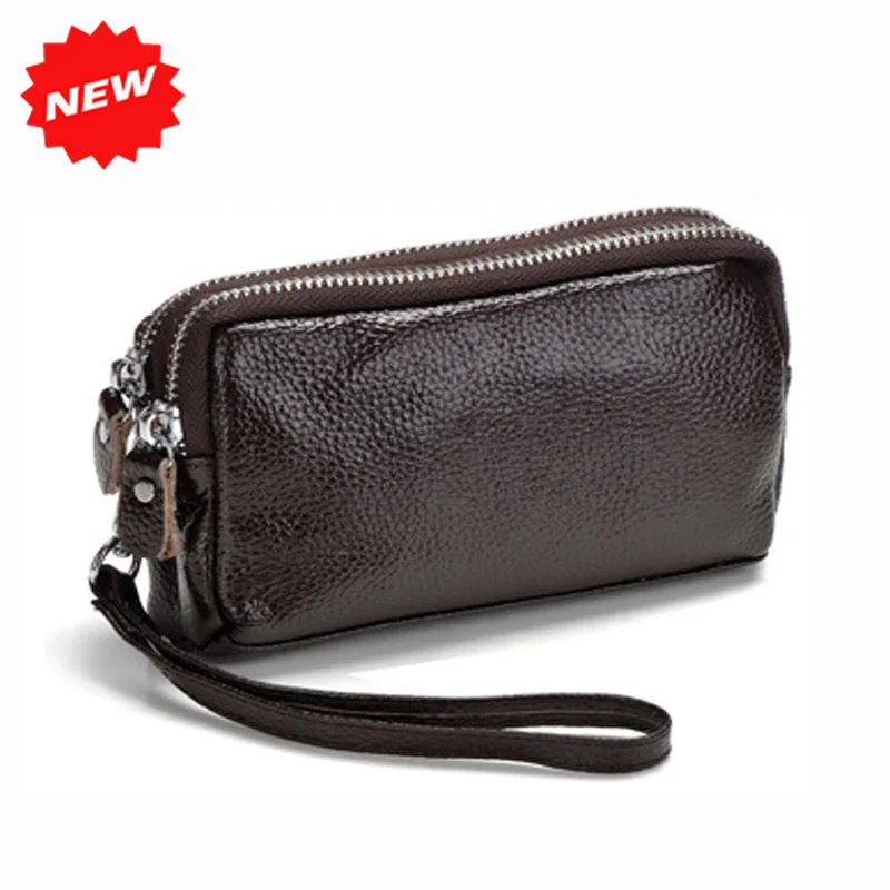 Genuine Leather Women Coin Purse Double Zipper Mobile Bag Lady Clutch Wristlet Bags, easy for carry clutches, Wholesale - Цвет: Coffee