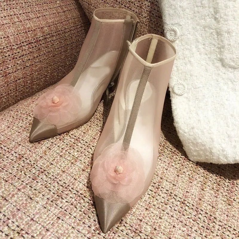 

2019 Summer Womens Mesh Ankle Boots Transparent Pointed Toe 3D Flower Decoration Med Heel Shoes Hollow Out Breathable