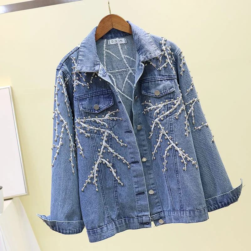 

2019 Spring Autumn Cowboy Coat Female Heavy Craft Embroidery Rivet Denim Jacket Ladies Loose Casual Jeans Jackets Basic Outwear