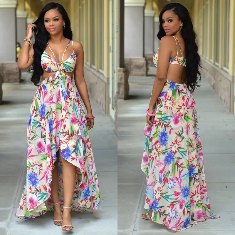 Bohemian Chiffon Women Print Long Maxi Dress Hollow Transparent Halter