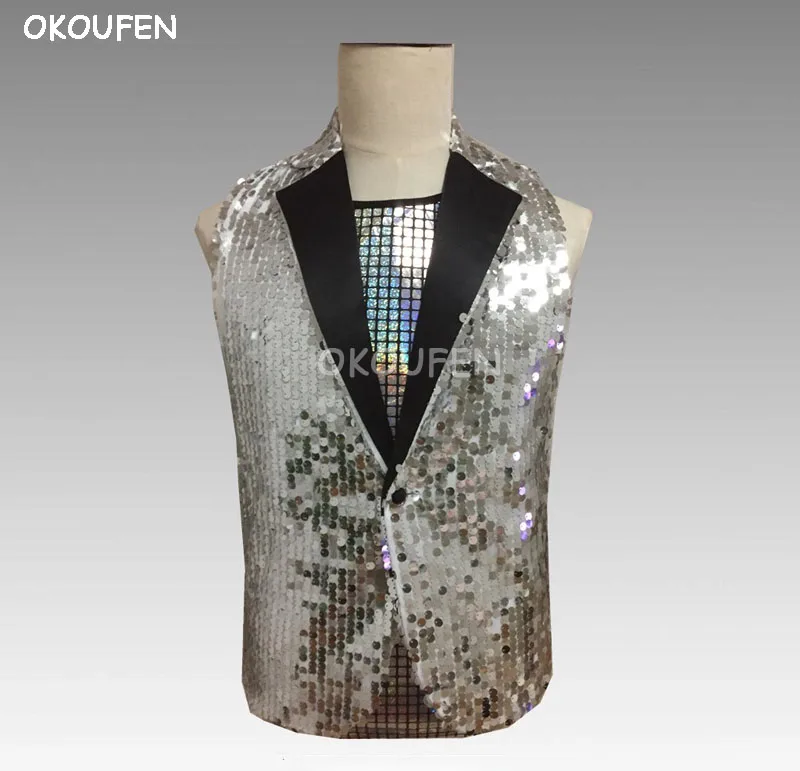 

Bar nightclub male Singer Drum Jazz Dance Rock hip hop sequin Stand collar Vest costume Party show stage performance clothing