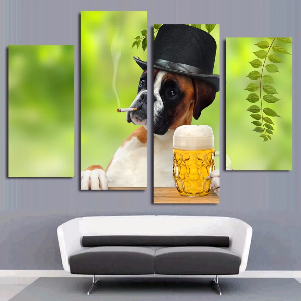 4 Panel Kanvas Seni Kanvas Lukisan Lucu Anjing Merokok Minum HD