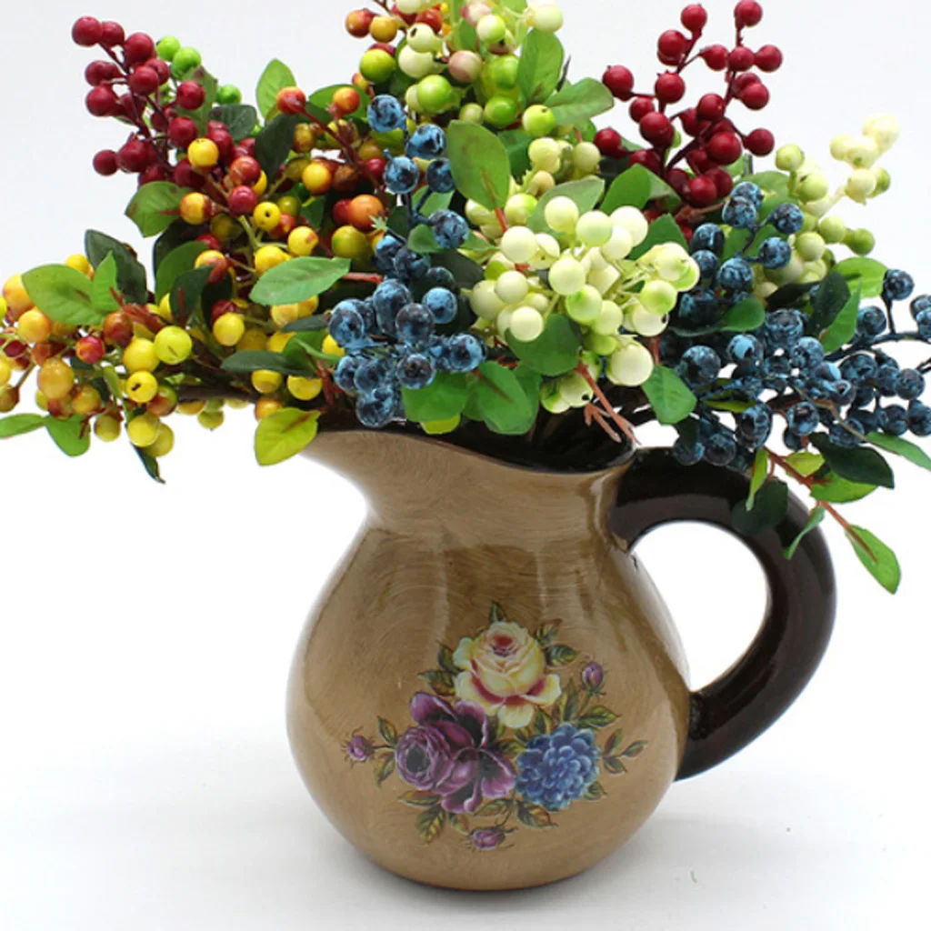 Decorative Blueberry Fruit Berry Artificial Flower Plants for Wedding Bouquet Party Decor Home Tabletop Plant Flower Ornament
