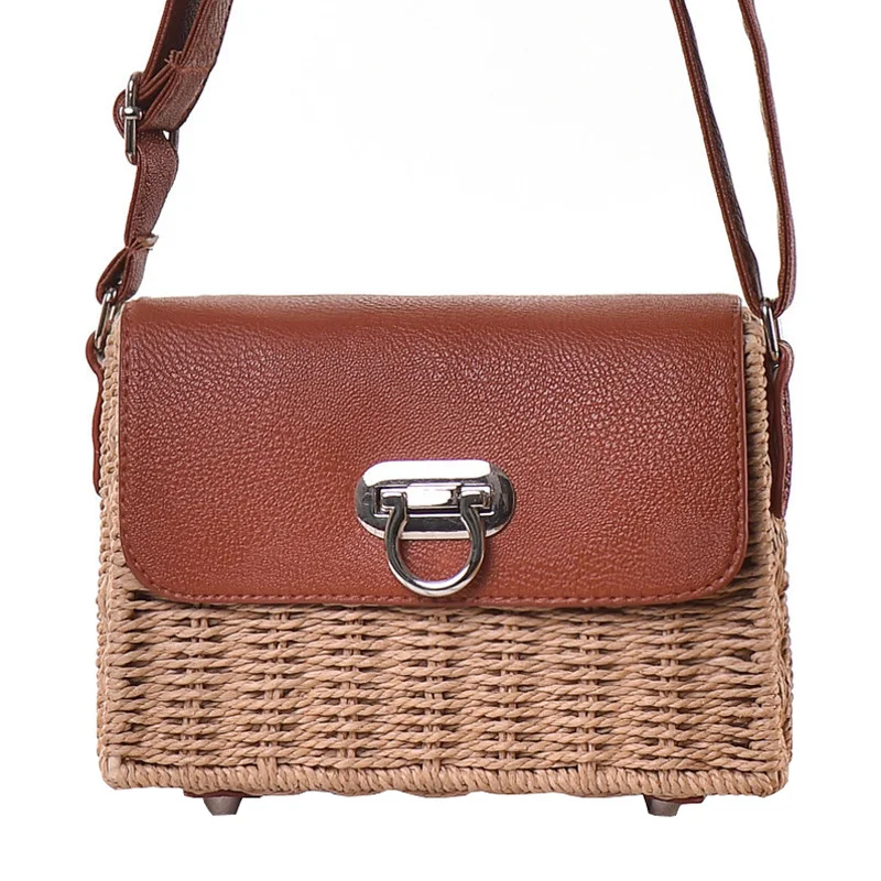 

Hand-woven Square Straw Bag+PU Bohemia Women's Shoulder Bag Handbag Retro Straw Messenger Bags Summer Ladies Beach Bags