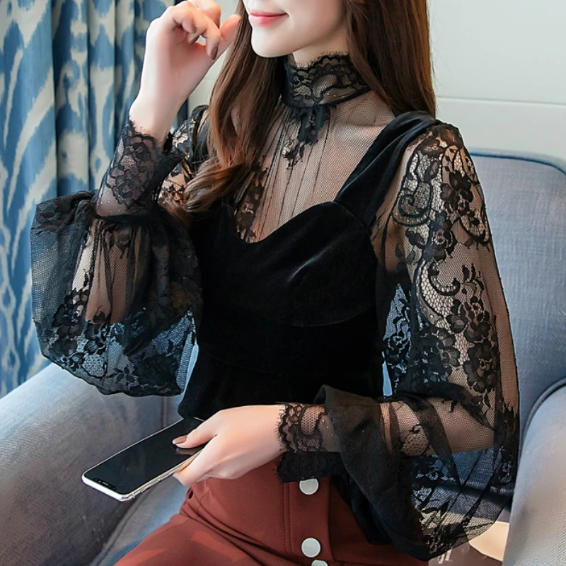 

blusas mujer de moda 2019 sexy hollow out lace blouse women shirts long sleeve black top female womens tops and blouses B620