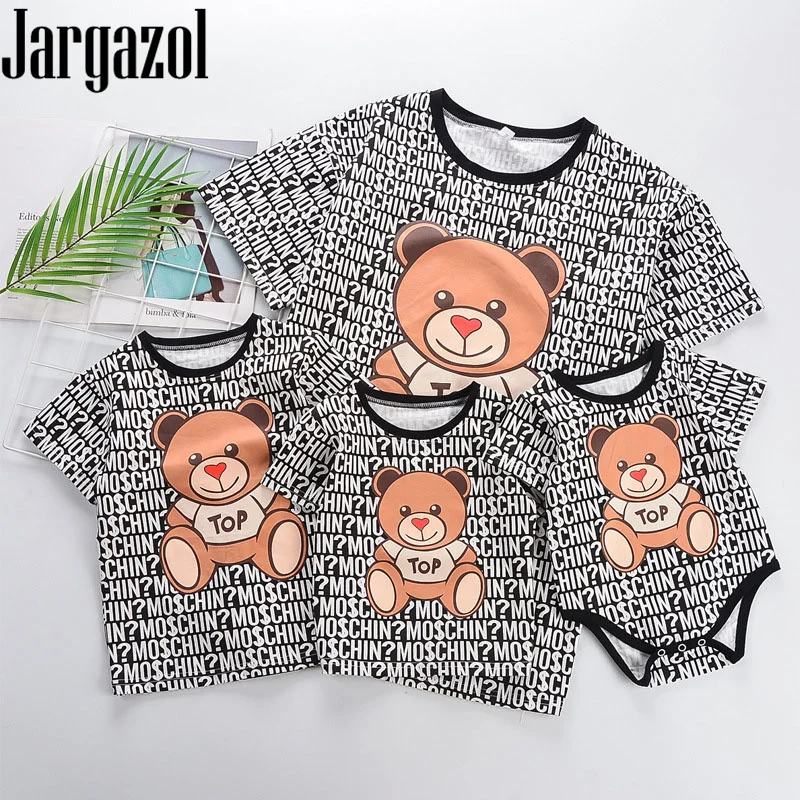 

Jargazol Family Matching Clothes Bear Printed Summer Shirt Mommy and Me Outfits Baby Romper Son Mother Family Look Holiday