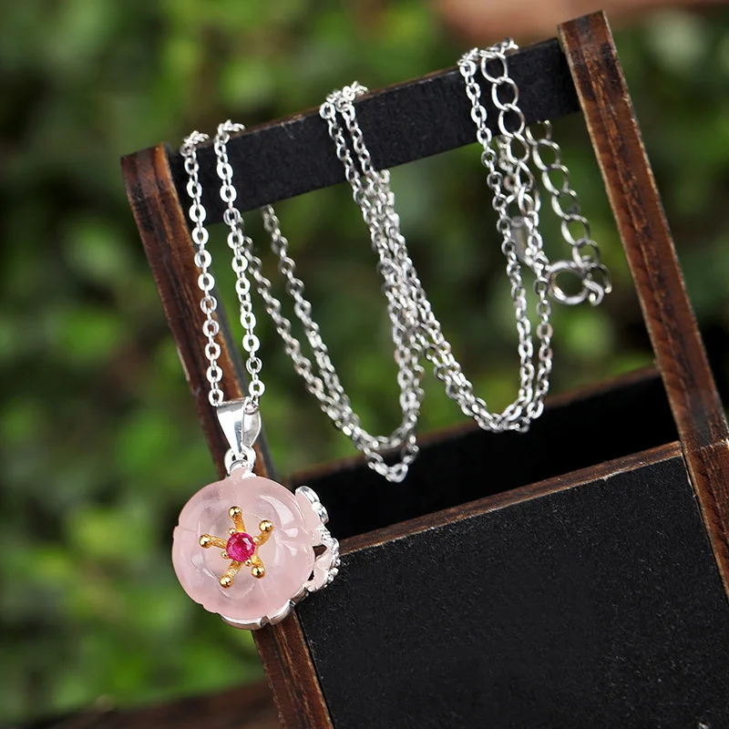 

S925 pure silver natural pink plum blossom Pendant Necklace simple personality Baitao clavicle wholesale
